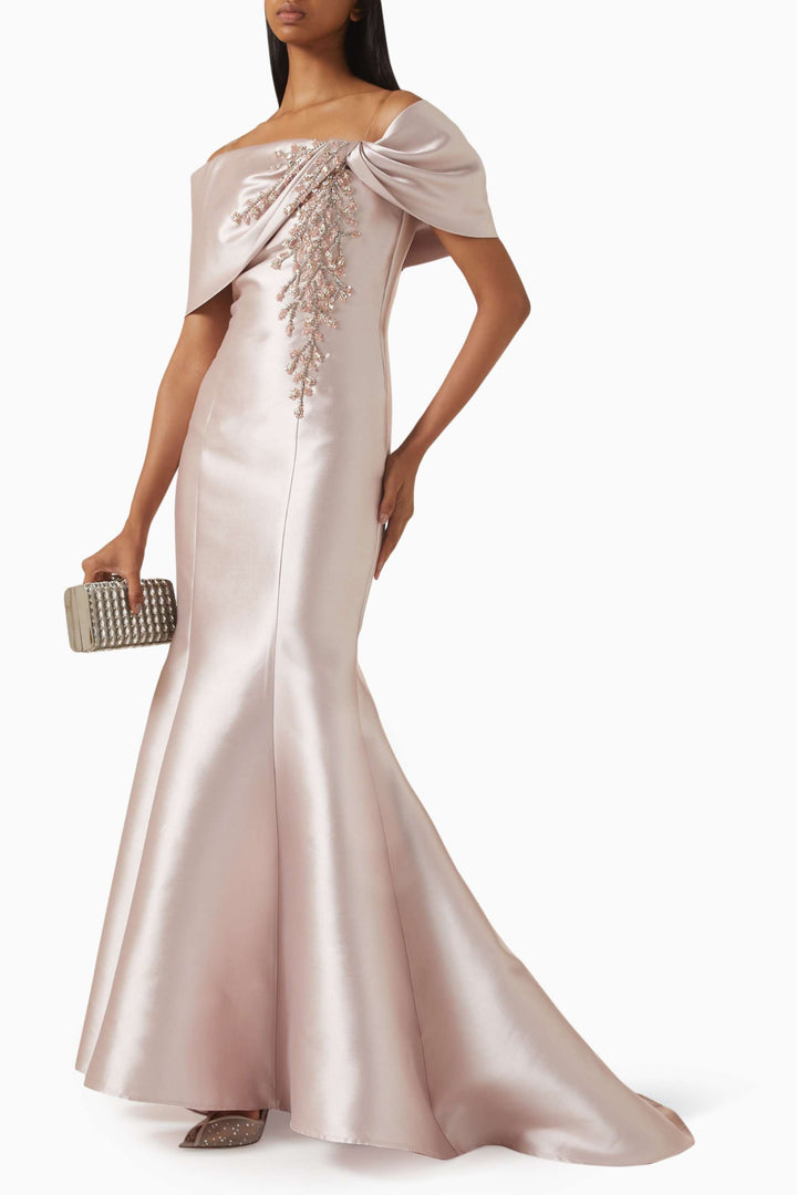 Off-shoulder mermaid gown with embellished drape – CELESTE