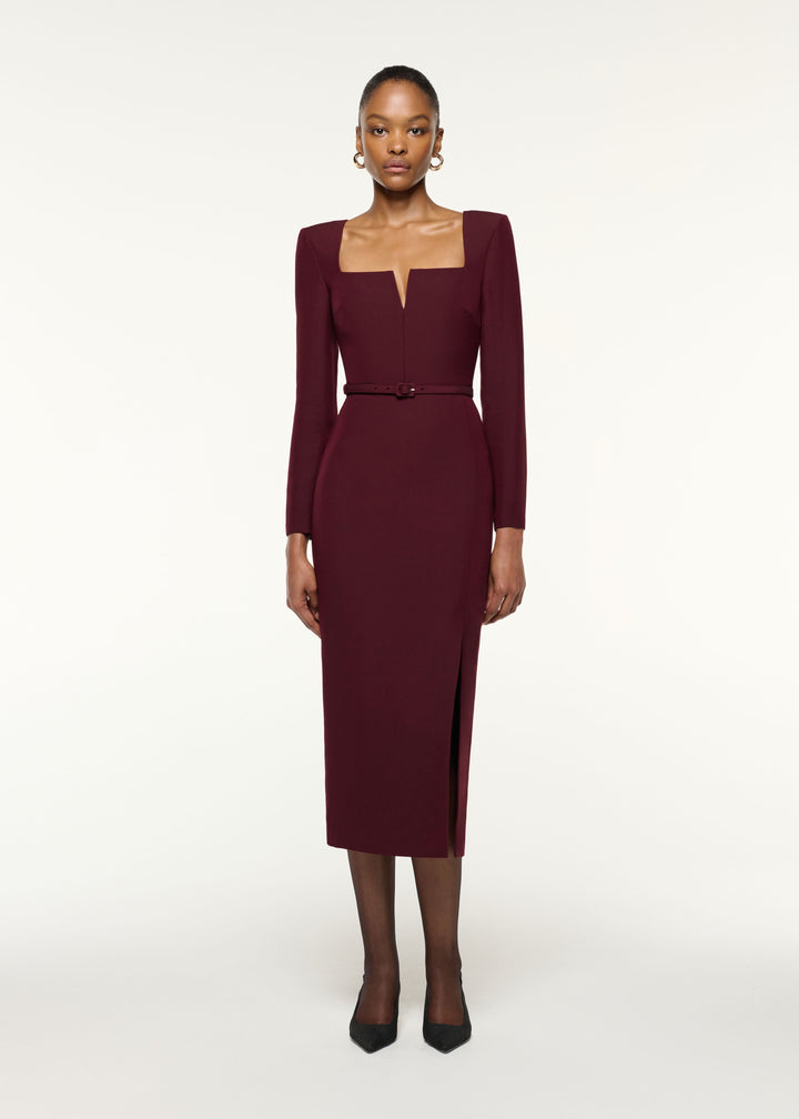 square-neck belted midi dress with front slit – MARLENA
