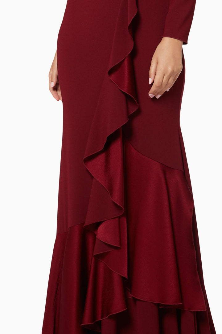 long-sleeve ruffled cascading gown – BORDEAUXG