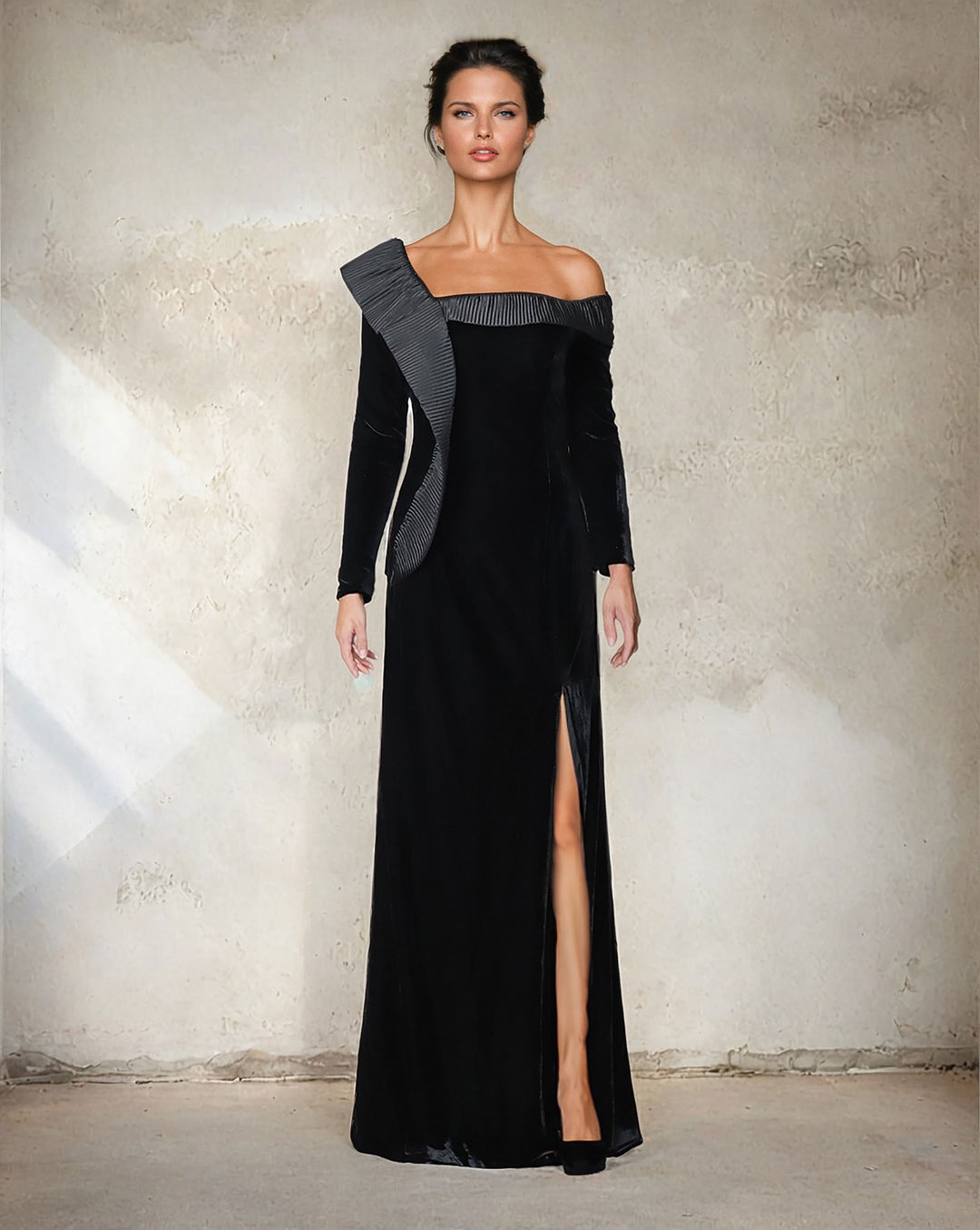 velvet column dress with crumple ruffle and long sleeves - QOLEN