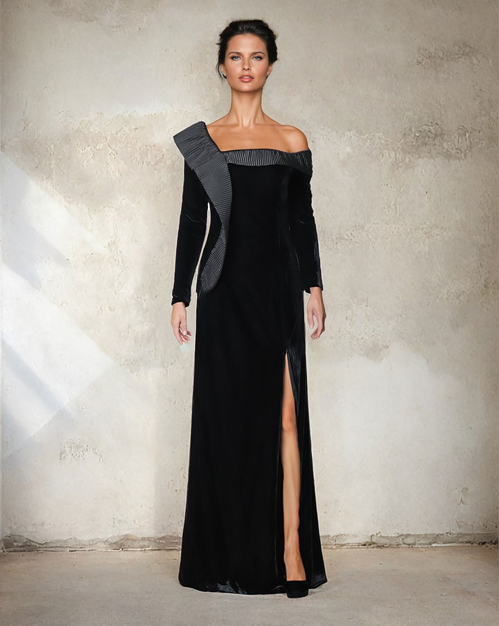 velvet column dress with crumple ruffle and long sleeves - QOLEN