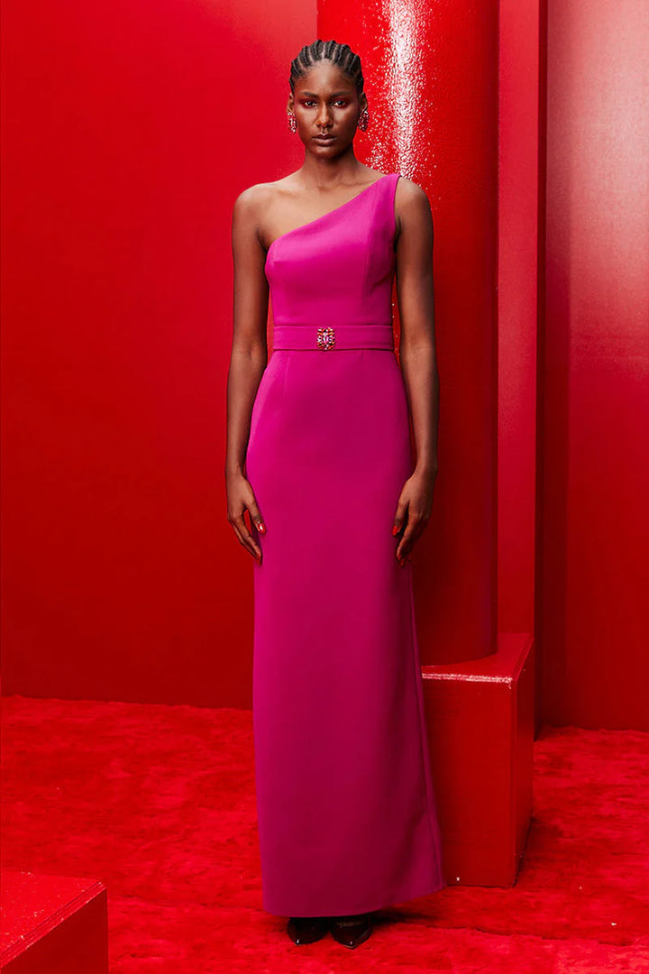 asymmetric one-shoulder gown with cape sleeves – FUCHSIAE