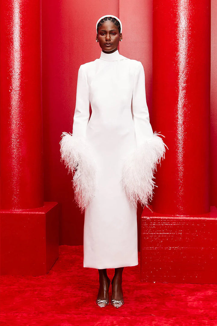 high-neck midi gown with feathered sleeves – IVORYE