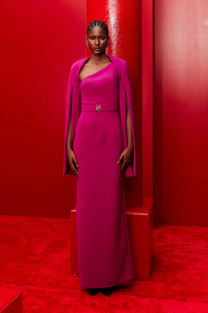 asymmetric one-shoulder gown with cape sleeves – FUCHSIAE