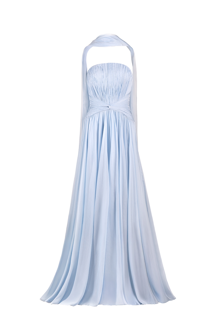 strapless pleated chiffon gown with scarf detail – SKYE