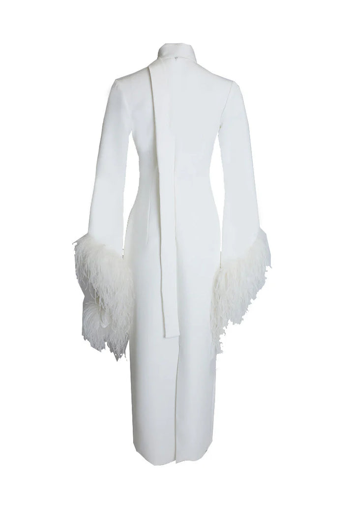 high-neck midi gown with feathered sleeves – IVORYE