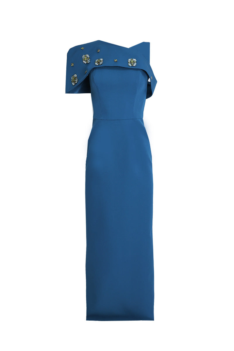 one-shoulder column gown with embellished cape overlay – AZUREH