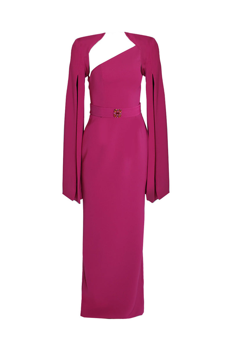 asymmetric one-shoulder gown with cape sleeves – FUCHSIAE
