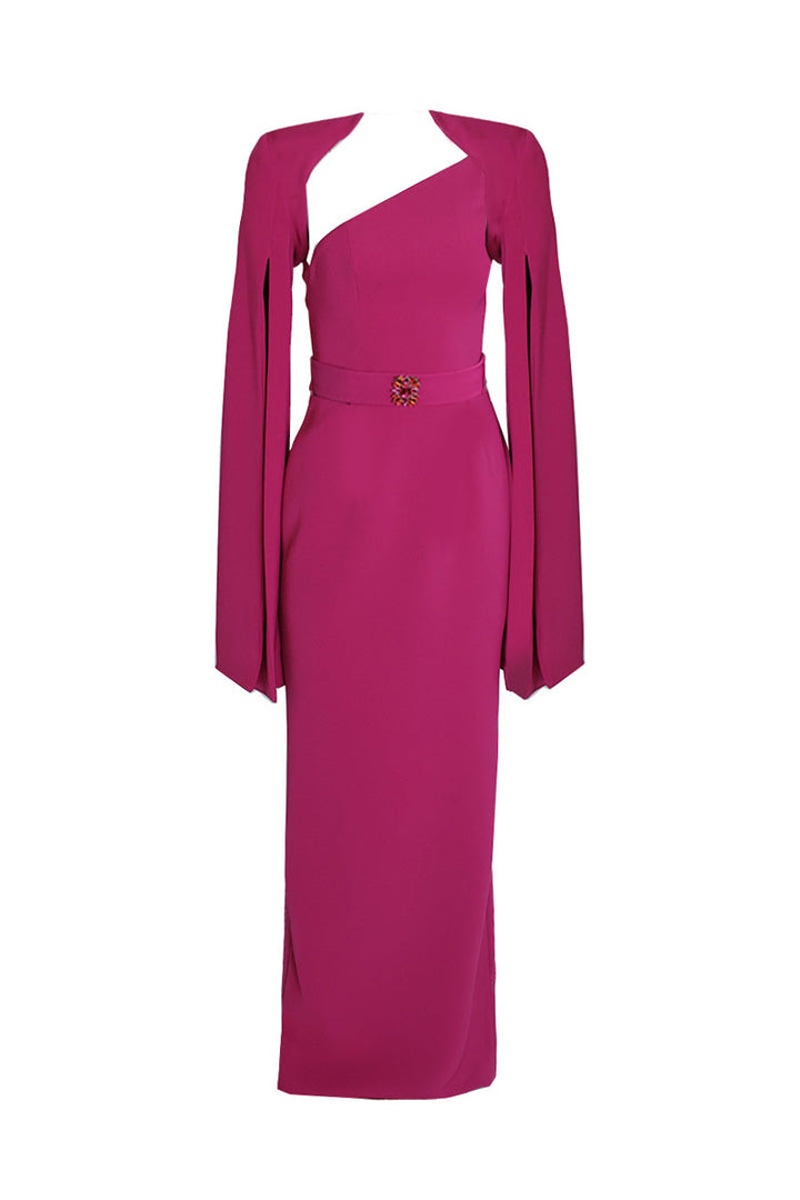 asymmetric one-shoulder gown with cape sleeves – FUCHSIAE