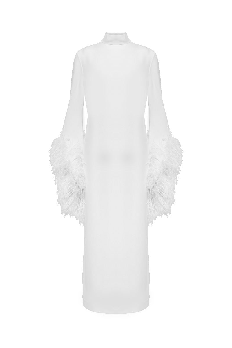 high-neck midi gown with feathered sleeves – IVORYE