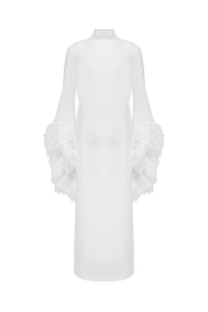 high-neck midi gown with feathered sleeves – IVORYE