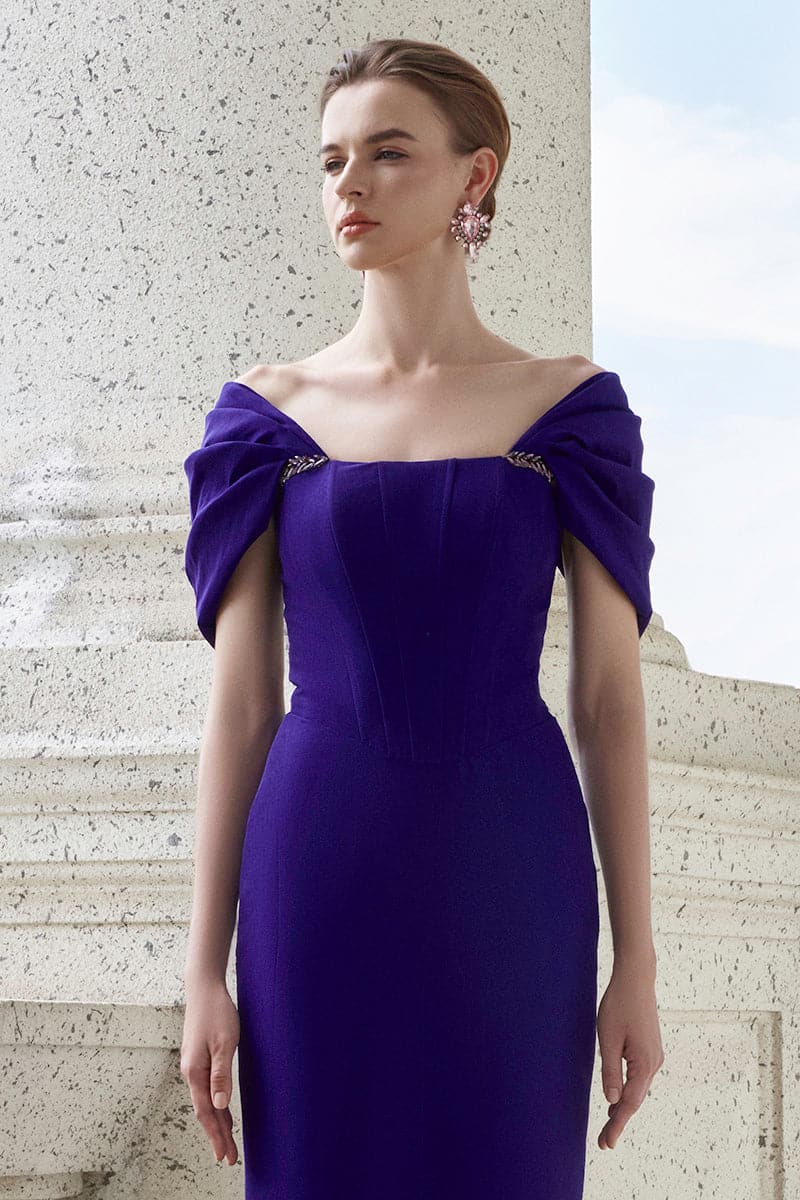 off-shoulder column gown with sculpted draped sleeves – VIOLETTA