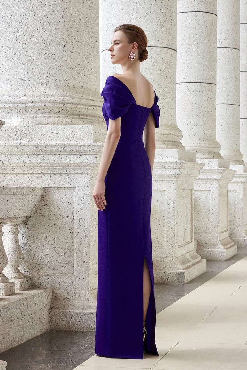 off-shoulder column gown with sculpted draped sleeves – VIOLETTA