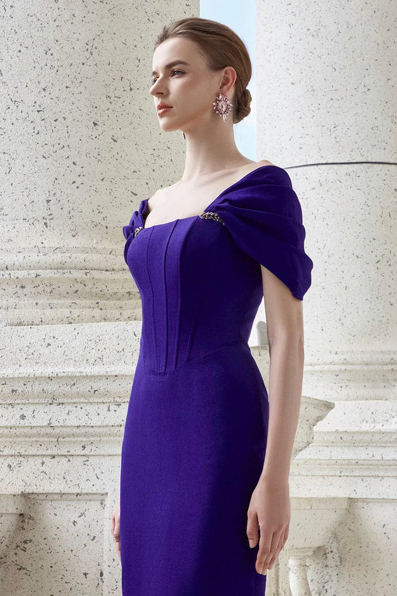 off-shoulder column gown with sculpted draped sleeves – VIOLETTA