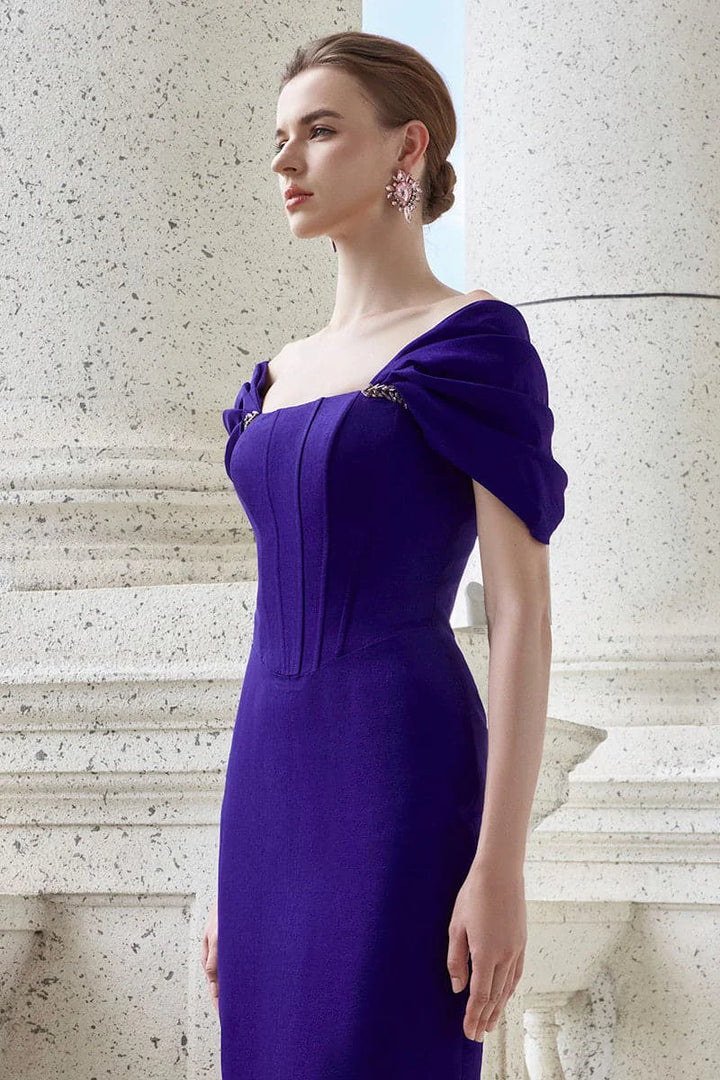 off-shoulder column gown with sculpted draped sleeves – VIOLETTA