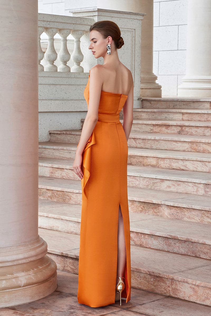 one-shoulder column gown with draped waist ruffle – AURORA