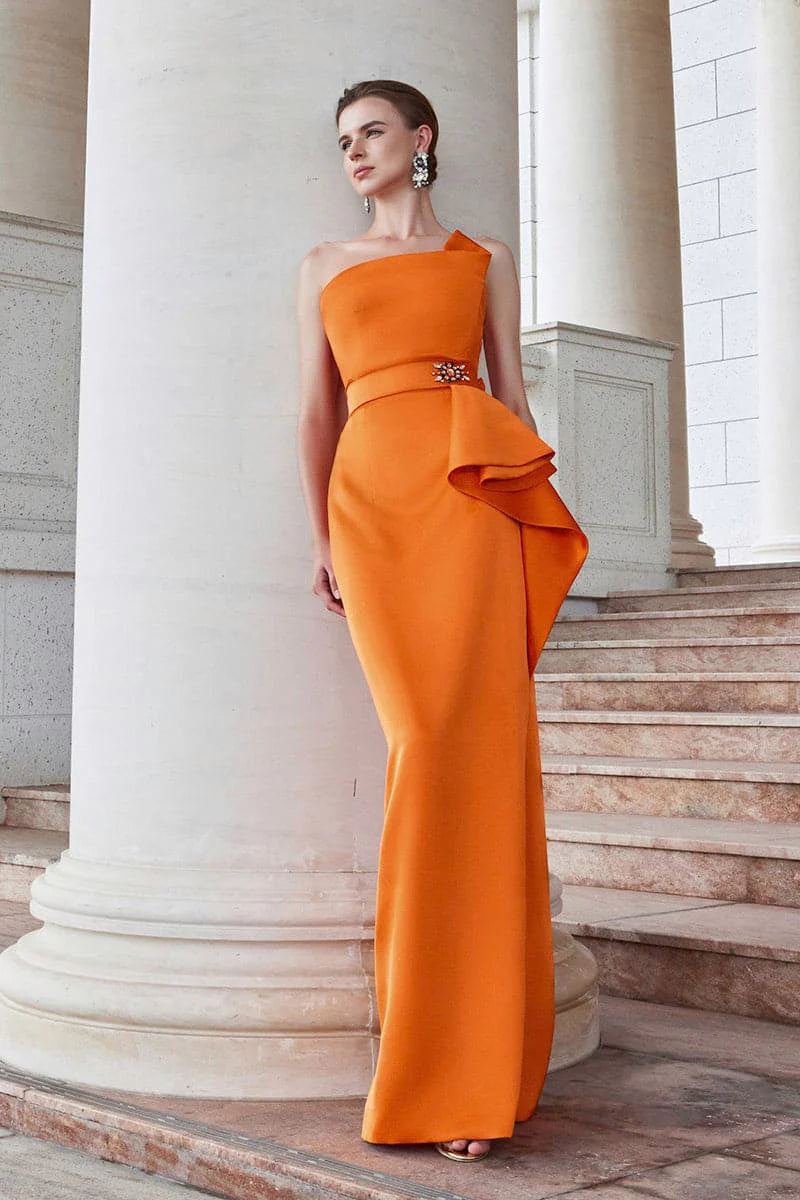 one-shoulder column gown with draped waist ruffle – AURORA