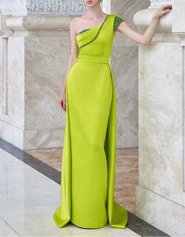 one-shoulder sculpted gown with crystal trim – ACIDE