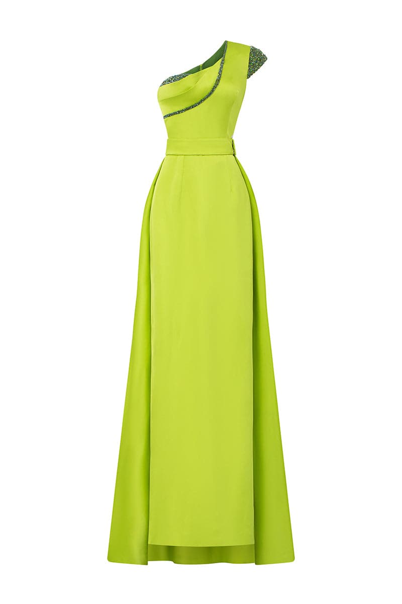 one-shoulder sculpted gown with crystal trim – ACIDE