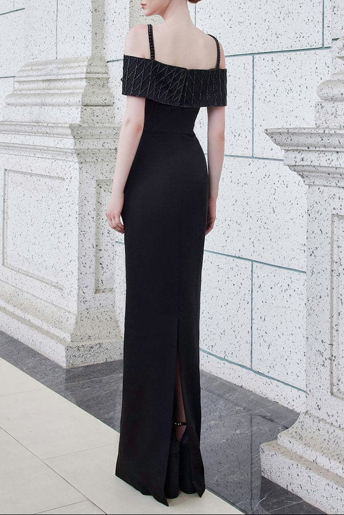 strap column gown with embellished off-shoulder layer – NOIRE