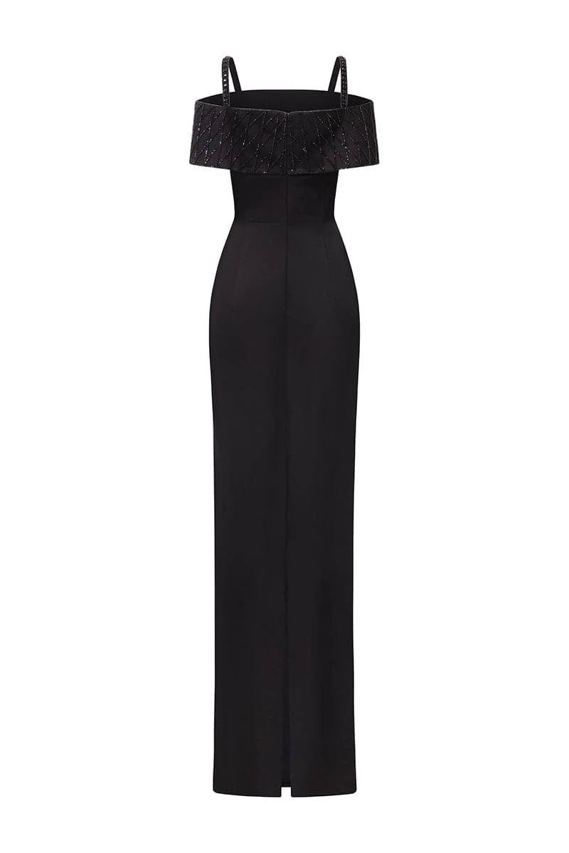 strap column gown with embellished off-shoulder layer – NOIRE