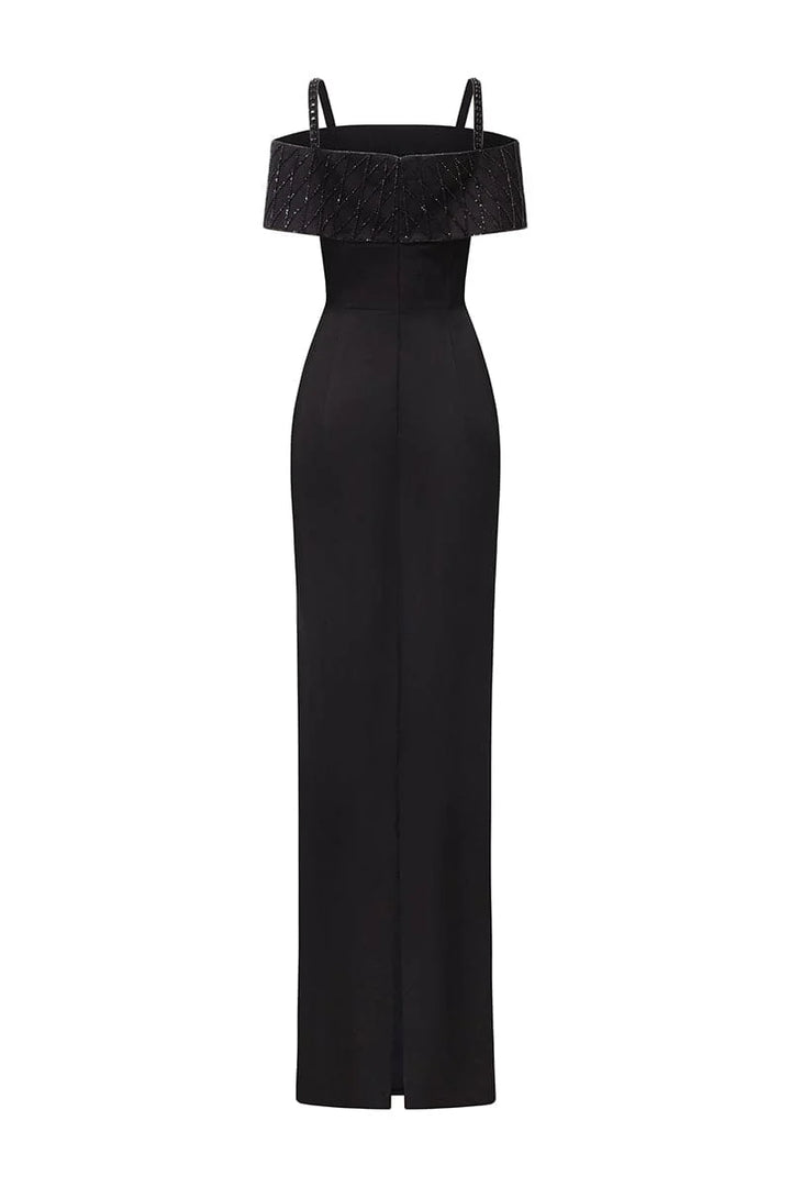 strap column gown with embellished off-shoulder layer – NOIRE