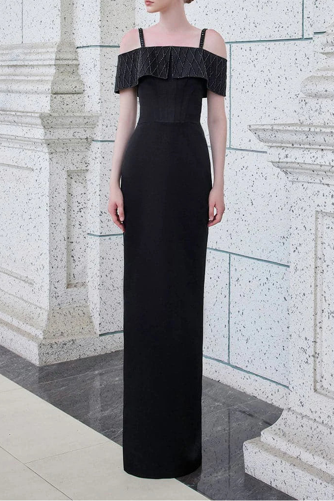 strap column gown with embellished off-shoulder layer – NOIRE