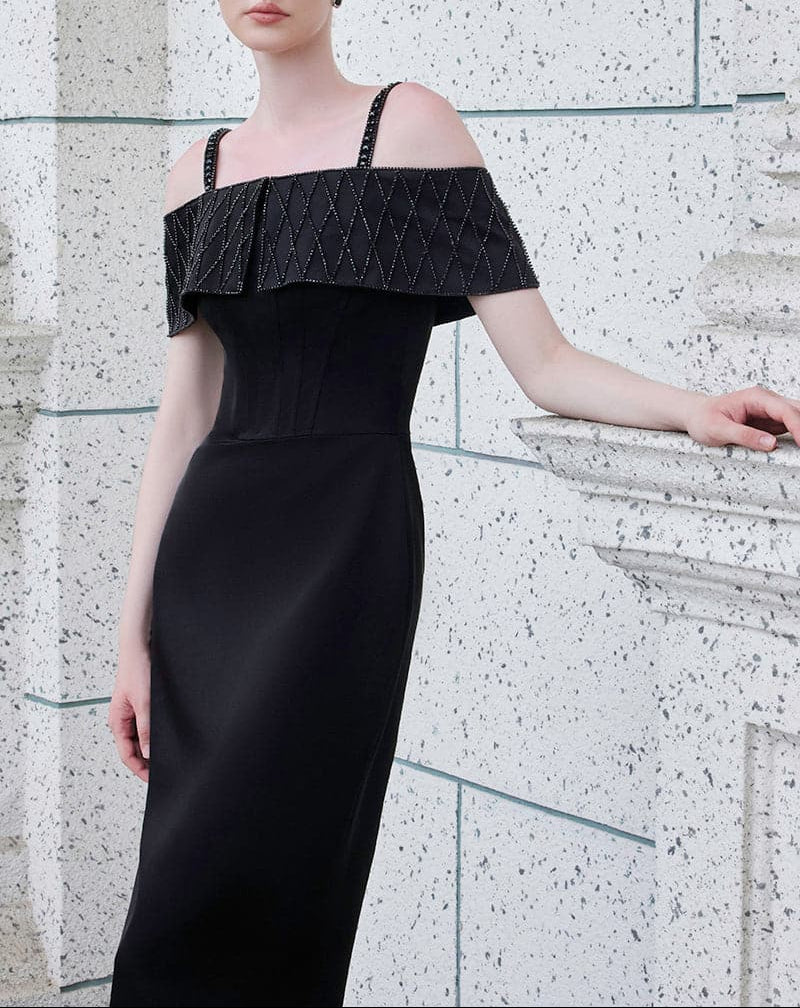 strap column gown with embellished off-shoulder layer – NOIRE