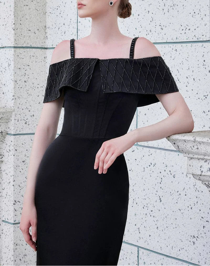 strap column gown with embellished off-shoulder layer – NOIRE