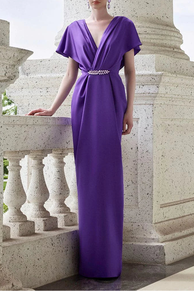 draped V-neck gown with jeweled waist accent – AMETHYSTE