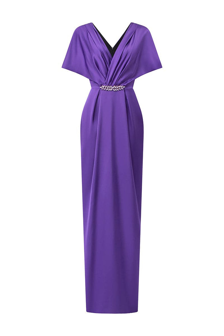 draped V-neck gown with jeweled waist accent – AMETHYSTE