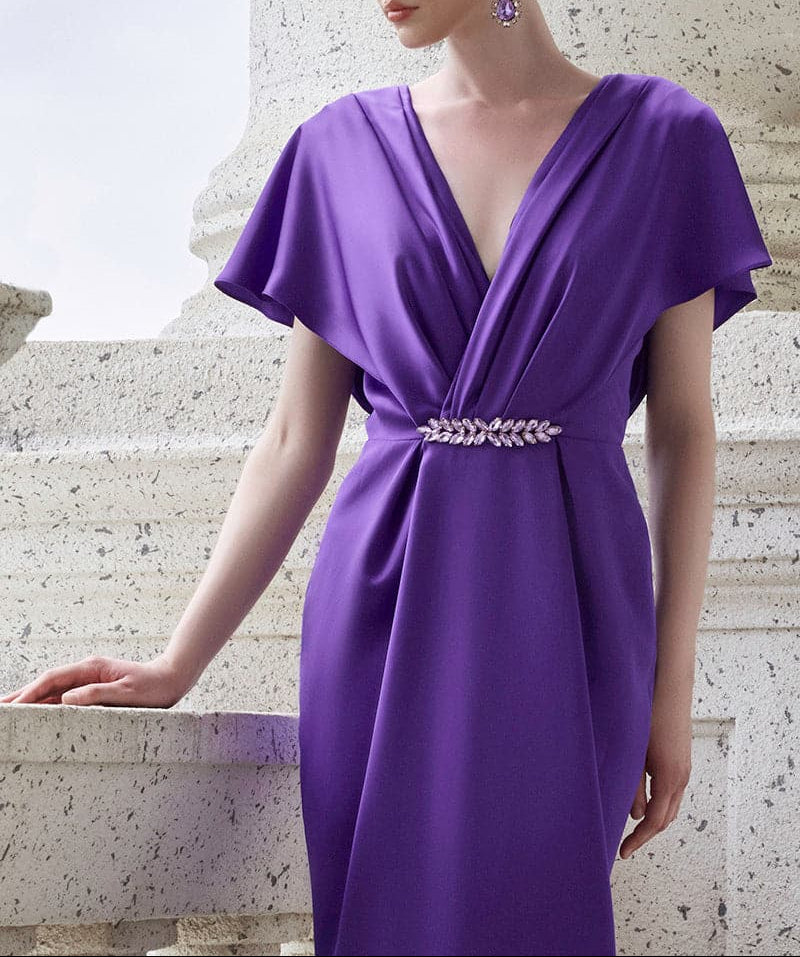 draped V-neck gown with jeweled waist accent – AMETHYSTE