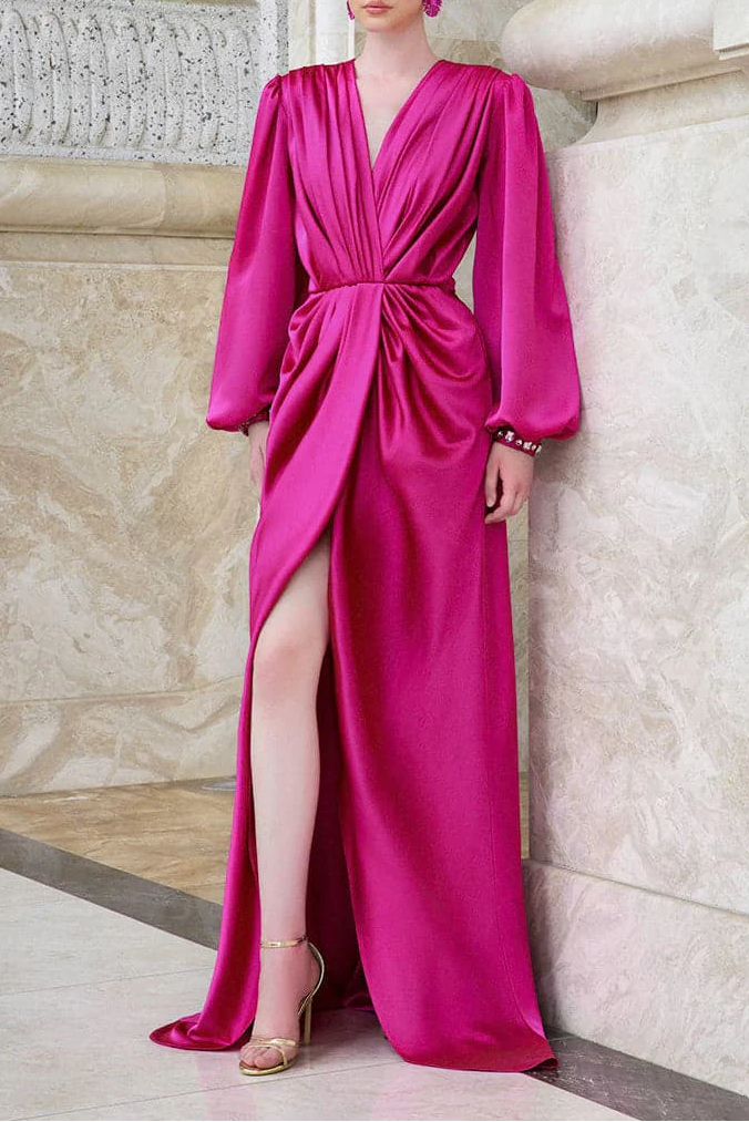 draped satin gown with gathered waist – PEACOCKE