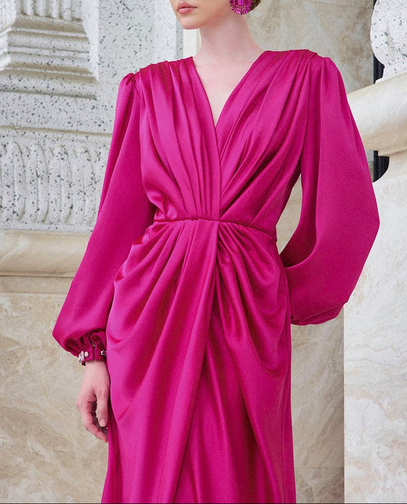 draped satin gown with gathered waist – PEACOCKE