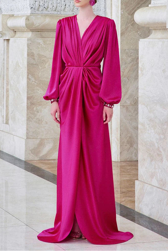 draped satin gown with gathered waist – PEACOCKE