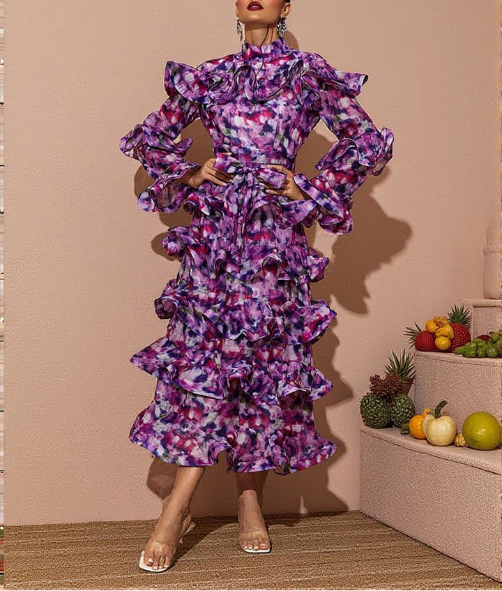 printed ruffle-tier midi dress with high neckline – AMARÉ