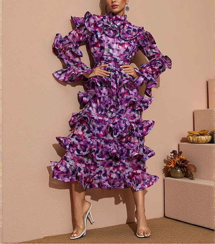 printed ruffle-tier midi dress with high neckline – AMARÉ