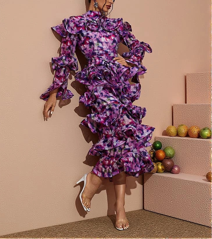 printed ruffle-tier midi dress with high neckline – AMARÉ