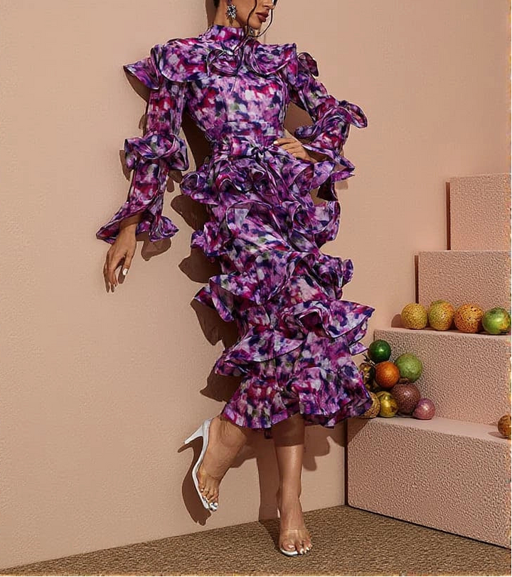 printed ruffle-tier midi dress with high neckline – AMARÉ