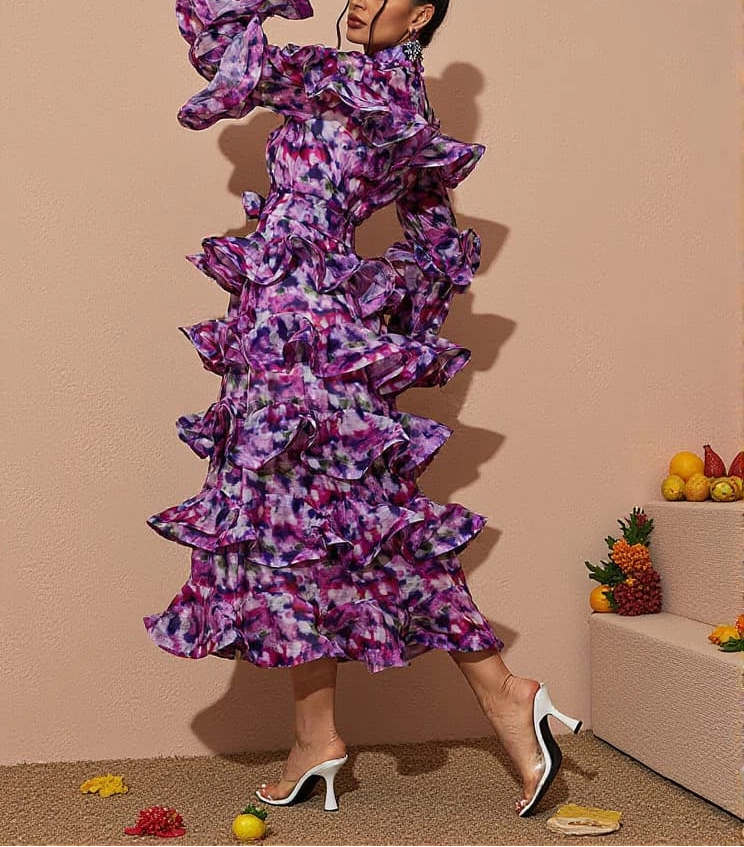 printed ruffle-tier midi dress with high neckline – AMARÉ