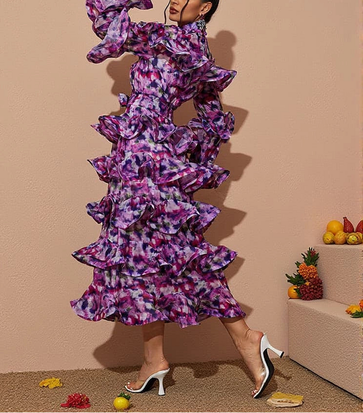 printed ruffle-tier midi dress with high neckline – AMARÉ