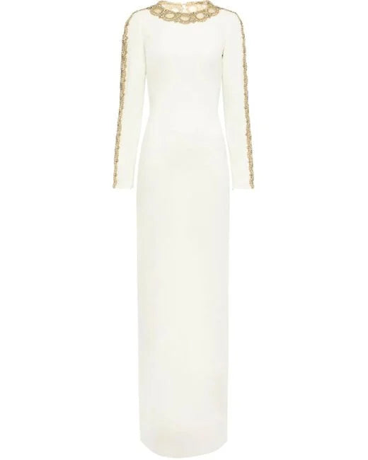 long-sleeve column dress with embellished neckline – AUREANU