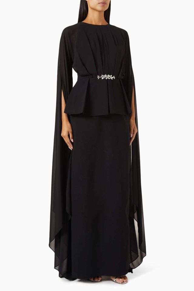 cape-sleeve embellished waist gown – NOIRH