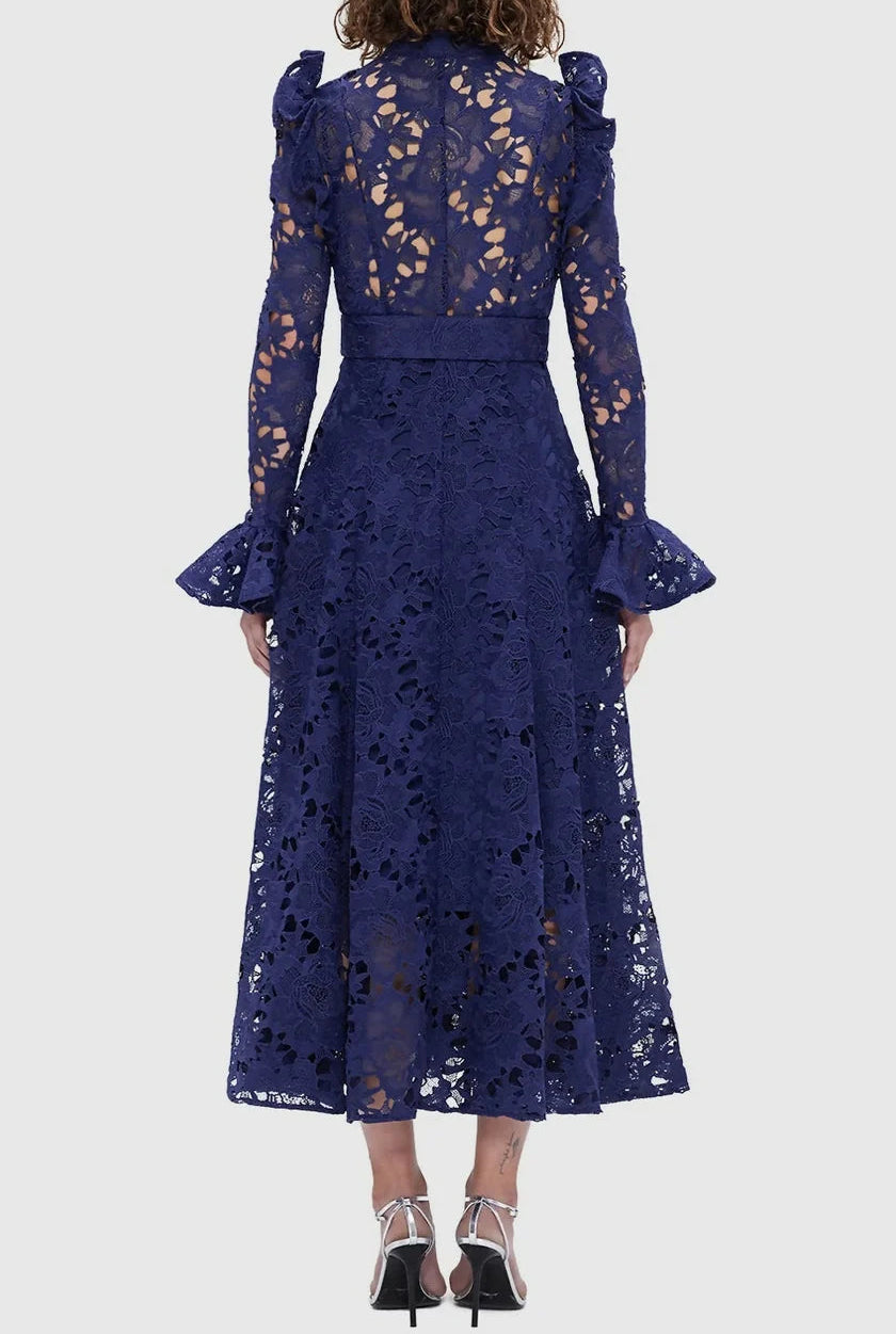 long-sleeve lace midi dress with ruffled shoulders – IVORIE