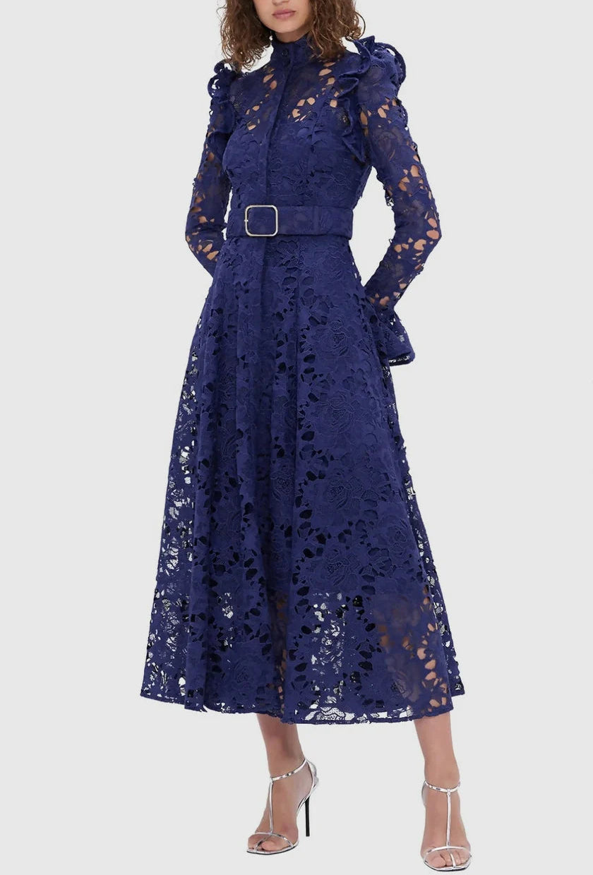 long-sleeve lace midi dress with ruffled shoulders – IVORIE
