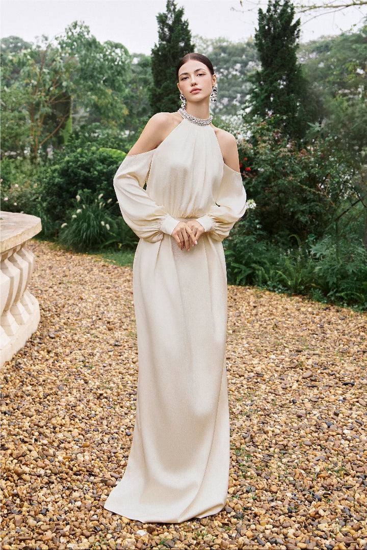 cold-shoulder gown with embellished halter neckline – AMIRA