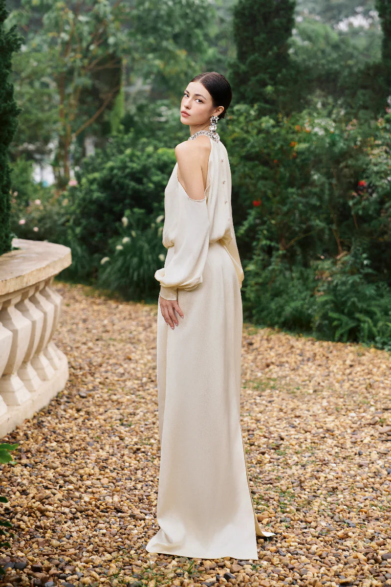 cold-shoulder gown with embellished halter neckline – AMIRA