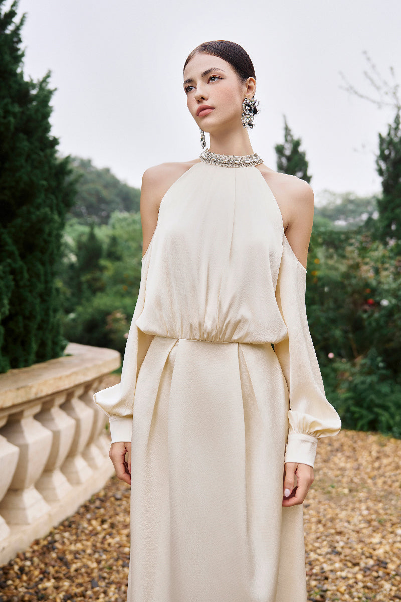 cold-shoulder gown with embellished halter neckline – AMIRA