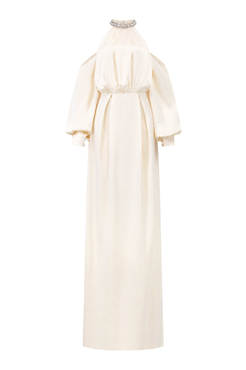 cold-shoulder gown with embellished halter neckline – AMIRA