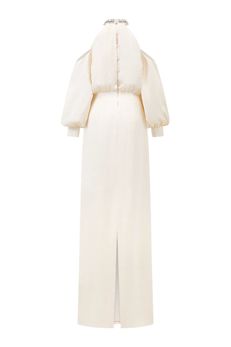 cold-shoulder gown with embellished halter neckline – AMIRA